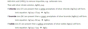 2:48 describe tests for these anions: Cl⁻, Br⁻ and I⁻ using acidified silver nitrate solution, SO₄²⁻ using acidified barium chloride solution, CO₃²⁻ using hydrochloric acid and identifying the gas evolved img_5591c0d01cedc